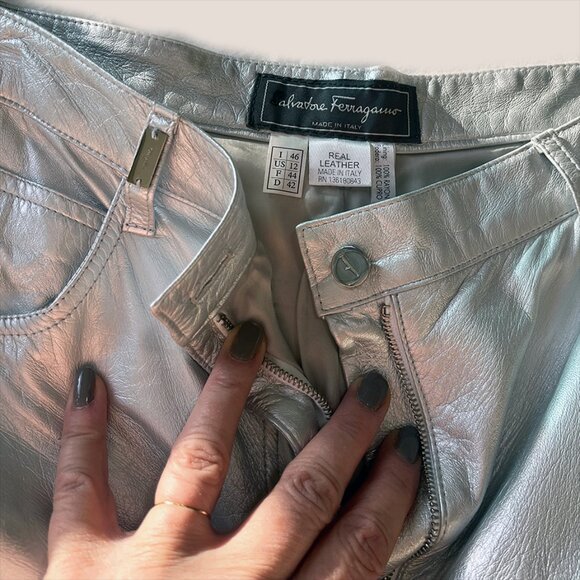 Salvatore Ferragamo Silver Leather Pants, Size 12, Never worn, Soft & Buttery - Picture 3 of 8